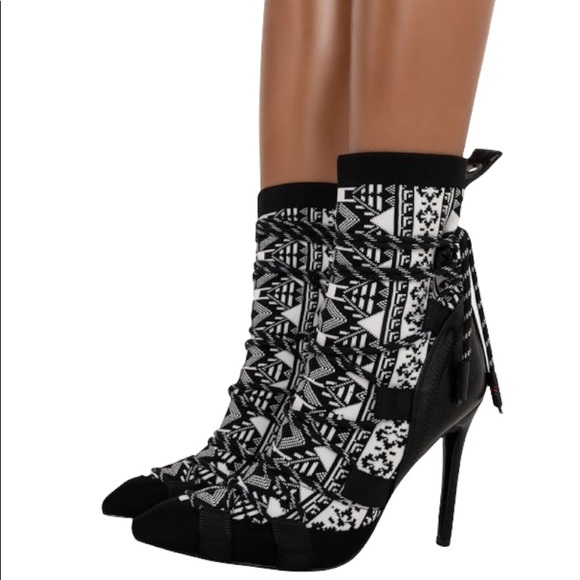 Azalea Wang Vegan Leather Black & White Sock High Heel Ankle Booties - Picture 3 of 4